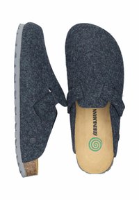 Gray felt clogs with a cork footbed, a rubber outsole, and a bow accent. Branding visible on the insole and a textured sole for grip.