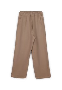 Pantaloni beige a vestibilità comoda con vita elasticizzata, realizzati in un tessuto liscio. Presentano gambe larghe e un design semplice dell'orlo.