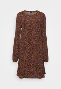 Hnědo-oranžové šaty s černým leopardím potiskem, dlouhé rukávy, kulatý výstřih a volný střih. Jemná látka s lehkou texturou.