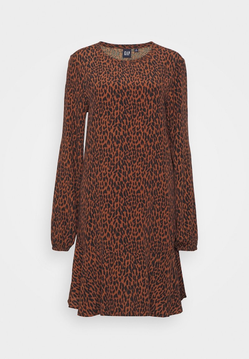 Ruskorinen mekko mustalla leopardikuvioinnilla, pitkät hihat, pyöreä pääntie ja rento istuvuus. Pehmeää kangasta, joka on kevyen tuntuista.