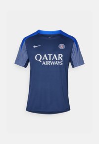 Blå Nike fodboldtrøje med korte ærmer, rund hals og "Qatar Airways" logo på fronten. Tekstureret stof med kontrasterende detaljer.