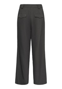 Pantalon gris foncé à jambes larges vu de dos avec passants de ceinture et deux poches arrière à rabat.
