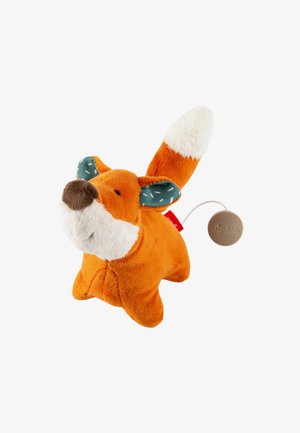 Giocattolo di peluche morbido a forma di volpe arancione con musetto e punta della coda bianchi. Presenta orecchie a forma di triangolo in teal con pattern, corpo arrotondato e un'etichetta attaccata con il logo.