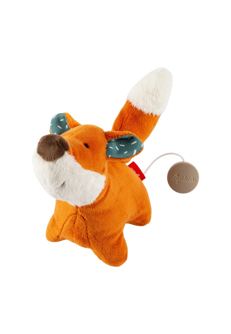Soft orange plush fox toy with white snout and tail tip. Features patterned teal ears, rounded body, and attached tag with logo.
