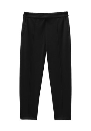 Pantaloni neri a gamba affusolata con una texture liscia, dotati di due tasche laterali e una vita ampia, progettati per comfort e facilità di movimento.