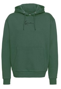 Hoodie vert en mélange de coton, avec une poche kangourou à l'avant, des poignets et un ourlet côtelés, et un logo brodé noir sur la poitrine.