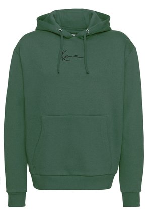 Hoodie vert en mélange de coton, avec une poche kangourou à l'avant, des poignets et un ourlet côtelés, et un logo brodé noir sur la poitrine.