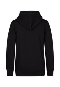 Zwarte hoodie met lange mouwen, een effen achterkant, gestikte naden, ribgebreide manchetten en een capuchon, weergegeven op een witte achtergrond.