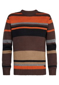 Gebreide trui met horizontale strepen in oranje, grijs, zwart en bruin. Ronde hals, gestructureerde stof, ribgebreide manchetten en zoom.