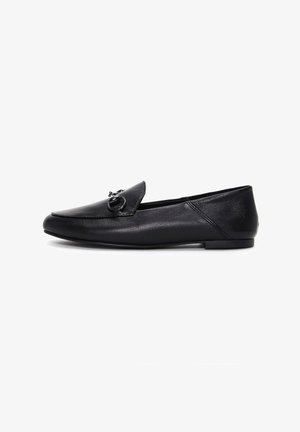 Black leather loafers with a pointed toe and decorative hardware on the upper. Flat sole, smooth texture, and minimal stitching details.