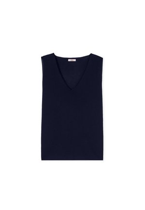 Ærmeløs sort strikket vest med V-hals, lagt fladt på en hvid baggrund.