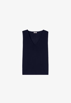 Mouwloos zwart gebreid vest met V-hals, plat gelegd op een witte achtergrond.