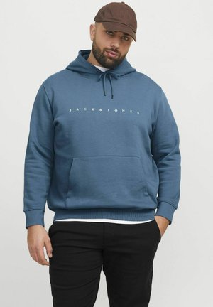 Blue hooded sweatshirt featuring a front kangaroo pocket and white branding text, made from soft fabric with ribbed cuffs and hem.