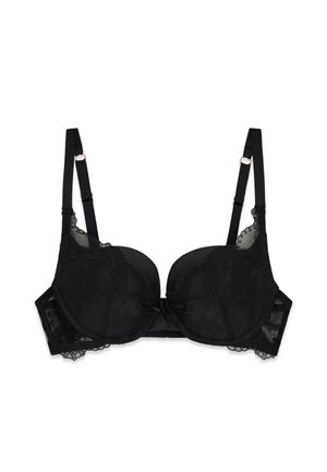 Soutien-gorge rembourré en dentelle noire avec bretelles réglables et armatures, orné de broderies florales et doté d'une fermeture à agrafe.