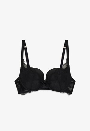 Reggiseno imbottito in pizzo nero con spalline regolabili e supporto con ferretto, caratterizzato da ricami floreali e chiusura a gancio.