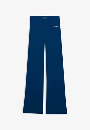 Pantaloni ampi blu navy realizzati in tessuto elastico, con vita elastica e dettaglio del logo discreto sul davanti. Tessuto liscio.