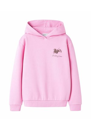 Sweat à capuche rose clair avec imprimé de mûres sur la poitrine et texte "Blackberry Dream,", avec une poche kangourou devant et des poignets côtelés.