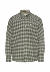 Knoopshirt in zwart-wit ginghampatroon, met lange mouwen, een kraag en een enkele borstzak.