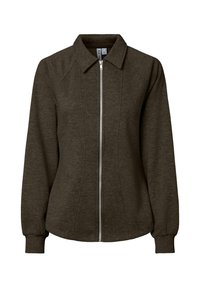 Veste marron à fermeture éclair avec col et manches longues. Elle présente un tissu texturé et une coupe ajustée avec des coutures décoratives.