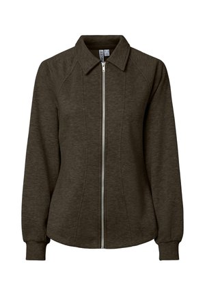 Veste marron à fermeture éclair avec col et manches longues. Elle présente un tissu texturé et une coupe ajustée avec des coutures décoratives.