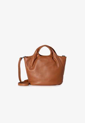 Braune Lederhandtasche mit weichem, genarbtem Finish, runden Obergriffen und einem abnehmbaren Schulterriemen. Mit Reißverschlussverschluss.
