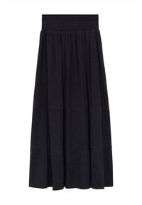 Jupe noire en tissu léger, dotée d'une taille smockée, d'un design à volants et d'une silhouette fluide. Aucun motif ni quincaillerie visible.