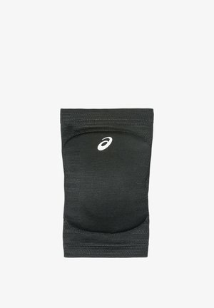 Ginocchiera ASICS nera con parte anteriore imbottita e tessuto elasticizzato a maglia, progettata per la protezione e il supporto durante lo sport.