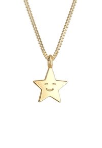 Goldener Stern-Anhänger mit einem lächelnden Gesicht, befestigt an einer strukturierten, geflochtenen Kette.