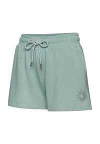 Gaiši zaļi kokvilnas šorti ar elastīgu jostasviedi, priekšējām kabatām un auklu. Uz kreisās puses ir saules grafikas elements.