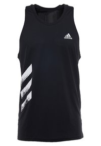 Czarny sportowy top na ramiączkach wykonany z gładkiej tkaniny, z białym logo Adidas i trzema ukośnymi paskami z przodu w fakturowanym wzorze.