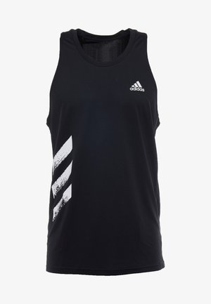 Schwarzes ärmelloses Sport-Top aus glattem Stoff mit weißem Adidas-Logo und drei diagonalen Streifen auf der Vorderseite in einem strukturierten Design.