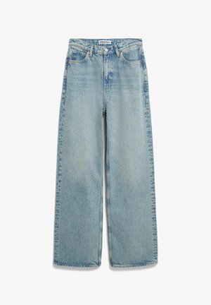 Light blue wide-leg jeans made of denim, featuring a high waist, five pockets, and visible stitching along the hem and seams.