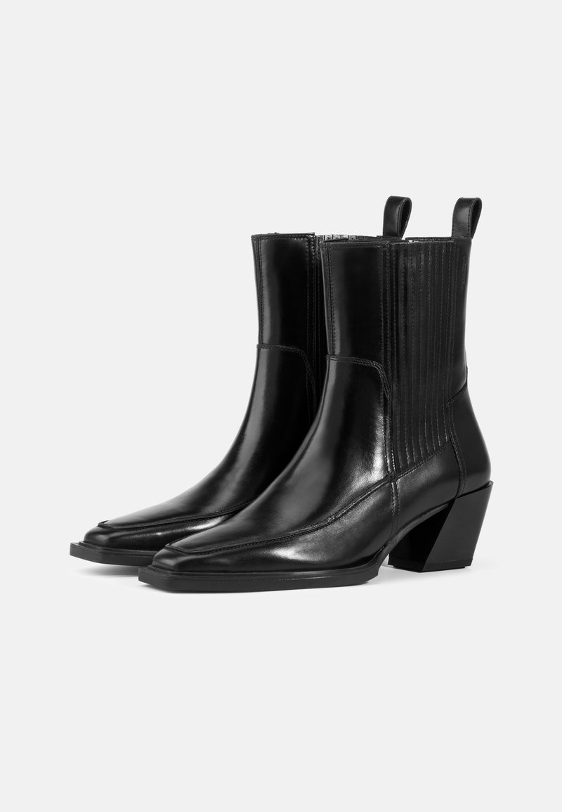 Black leather ankle boots with a pointed toe, ribbed side panels, and a chunky heel. Features pull-tabs for easier wear.