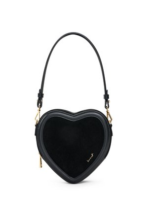 Schwarze herzförmige Handtasche mit kurzem Träger, goldenem Reißverschluss und kleinem goldenen Schriftzug an der vorderen Ecke.