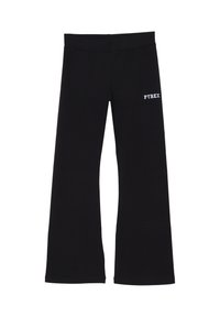 Pantaloni neri a palazzo realizzati in tessuto morbido, con vita elastica e un logo bianco "PYREX" sul lato sinistro.