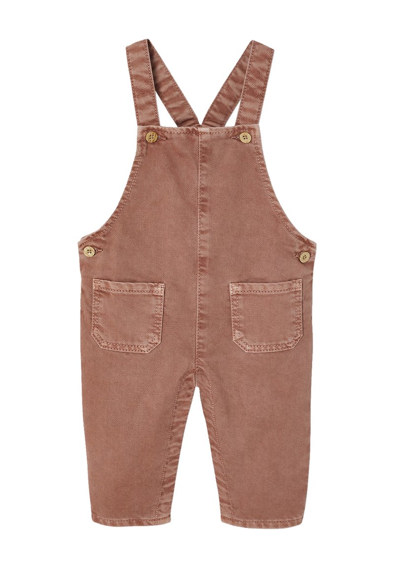 Braune Corduroy-Latzhose mit verstellbaren Trägern, zwei Fronttaschen und Knopfdetails an den Trägern. Glatte Textur, lässiges Design.