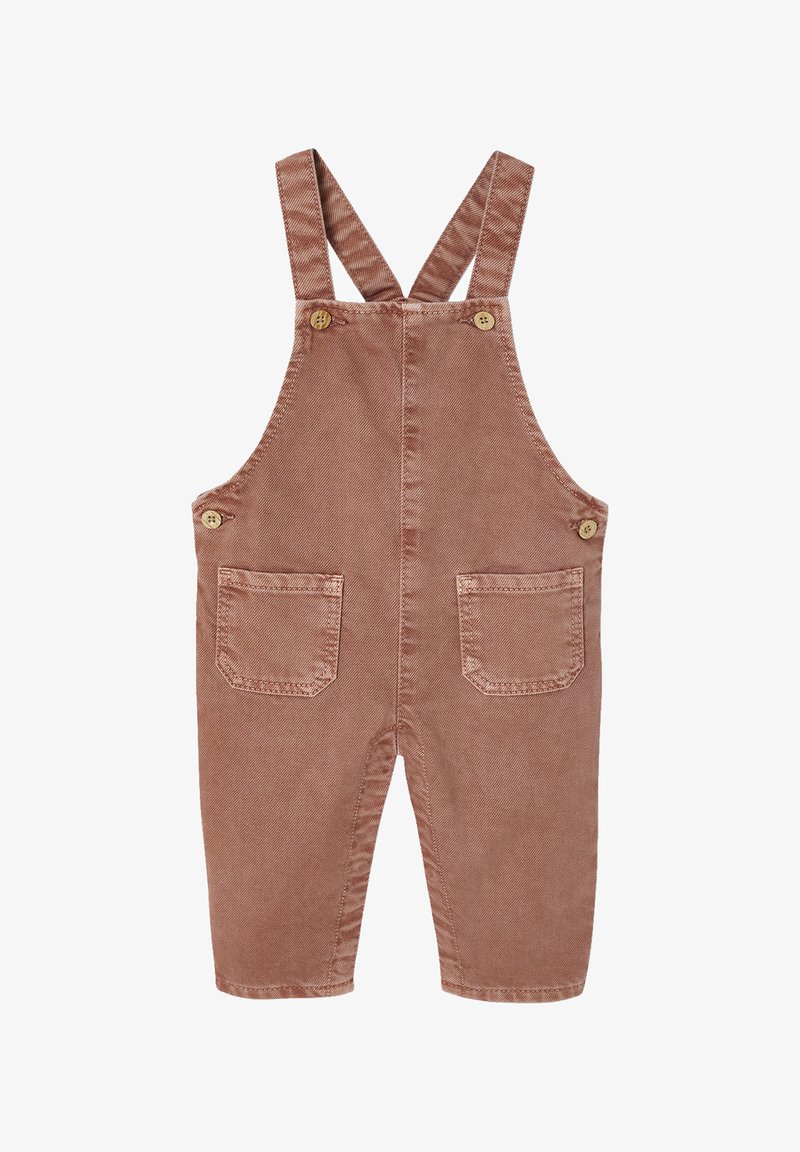 Braune Corduroy-Latzhose mit verstellbaren Trägern, zwei Fronttaschen und Knopfdetails an den Trägern. Glatte Textur, lässiges Design.