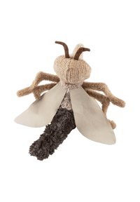 Soft fabric plush insect toy with beige wings, textured brown body, curved antennae, and fuzzy legs against white background.
