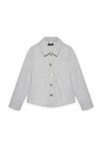 Jachetă căptușită de culoare gri deschis, cu guler, featuring șase nasturi rotunzi, mâneci lungi și un design scurt. Material moale cu textură.