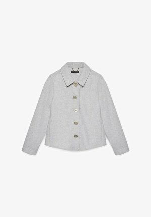 Giacca button-up grigio chiaro con colletto, caratterizzata da sei bottoni rotondi, maniche lunghe e un design accorciato. Tessuto morbido e testurizzato.