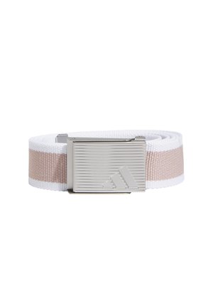 Woven belt in white and light pink, featuring a silver metal buckle with a textured design and embossed logo. 1.5 inches wide.