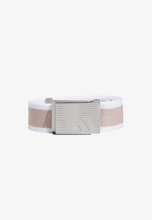 Woven belt in white and light pink, featuring a silver metal buckle with a textured design and embossed logo. 1.5 inches wide.