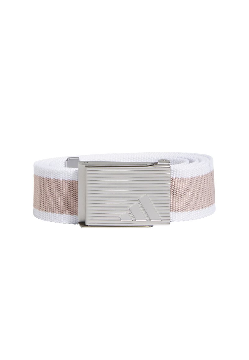 Cintura tessuta in bianco e rosa chiaro, dotata di una fibbia in metallo argentato con design testurizzato e logo impresso. Larghezza di 1,5 pollici.