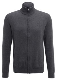 Harmaa vetoketjullinen neulepusero, jossa korkea kaulus, sileä pinta, pitkät hihat sekä resorit hihansuissa ja helmassa. Tyylikäs, neuloksesta valmistettu malli.