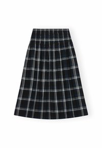 Čierna kockovaná sukňa s elastickým pásom, ktorá obsahuje striedajúce sa pruhy bielej a modrej farby a má plisovaný dizajn.