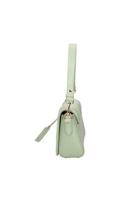 Mintgroene leren handtas met een gestructureerd ontwerp, voorzien van een enkele schouderriem en accenten van goudkleurig metalen hardware.