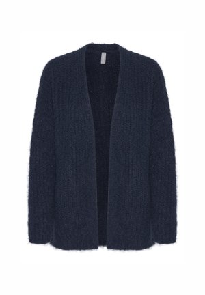 Navy blue open-front cardigan made of soft, textured fabric with long sleeves and a loose fit. No fastenings or visible patterns.