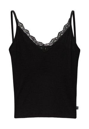 Zwarte geribbelde camisole met dunne bandjes, voorzien van een V-hals met kantafwerking en een decoratieve knop in het midden, gemaakt van zachte stof.