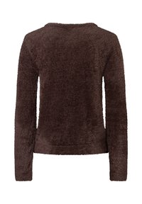 Brauner, flauschiger Pullover mit langen Ärmeln, strukturierter Oberfläche und rundem Ausschnitt. Klassisches Design mit lockerer Passform an der Taille.