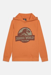 Oransje hettegenser med et trykk av en dinosaur på fremsiden og "Jurassic World". Har snor for justering i hetten og ribbestrikkede mansjetter og hem.